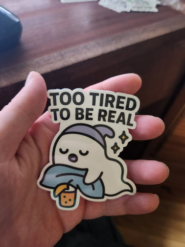 Too Tired to Be Real Ghost Sticker – Sleepy Ghost with Bubble Tea - Sticker - Charm and Char